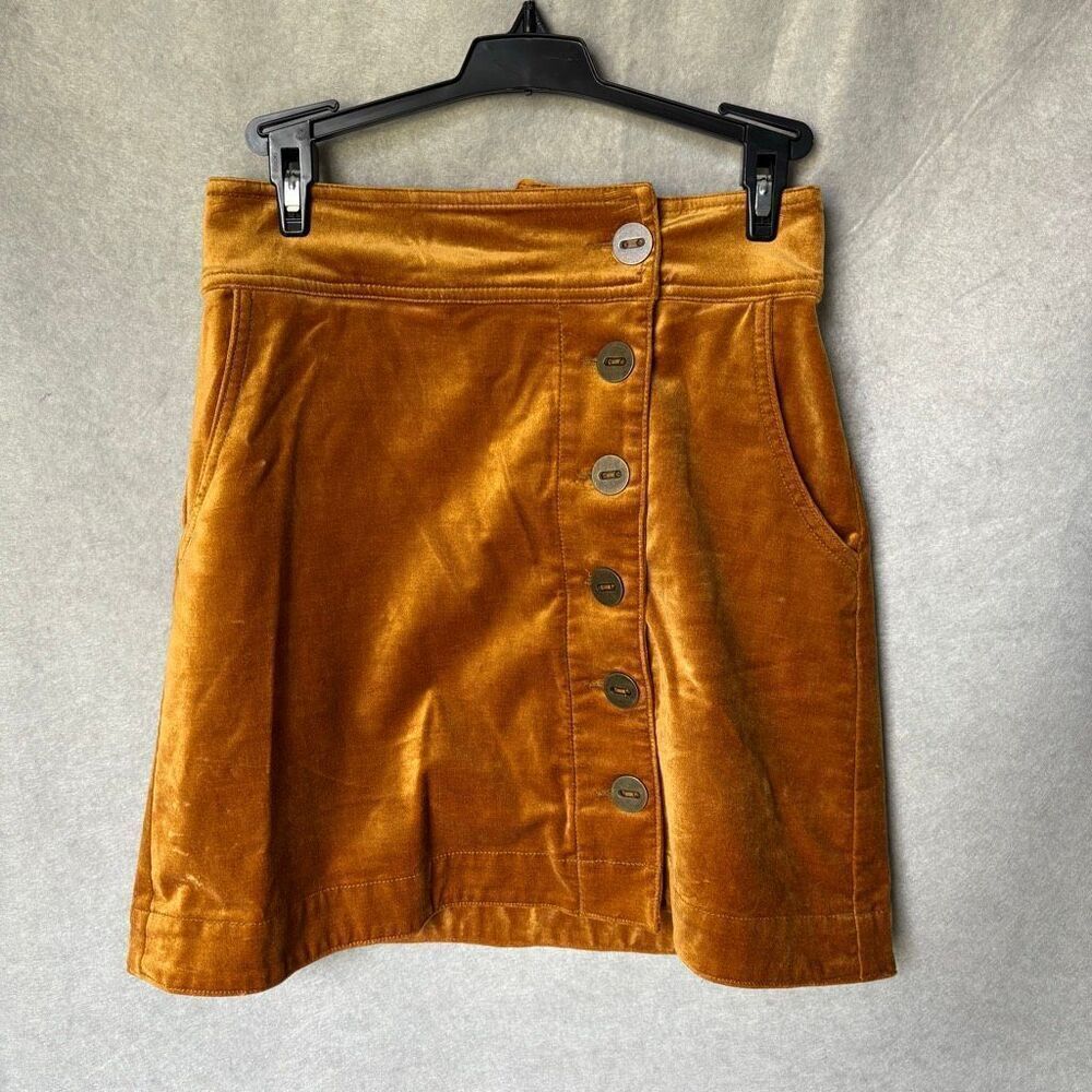 Anthropologie Velvet Button Front Mini Skirt Mustard Asymmetrical Whimsigoth 0
